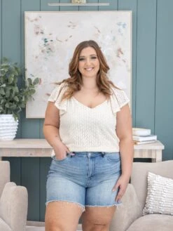 Mica Denim High Rise Frayed Hem Shorts | S-3X -Women Clothing Shop 008619d8931bac873fe6c251fbb1b852