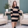 Striped V-Neck Long Sleeve Ribbed Dress | S-3X