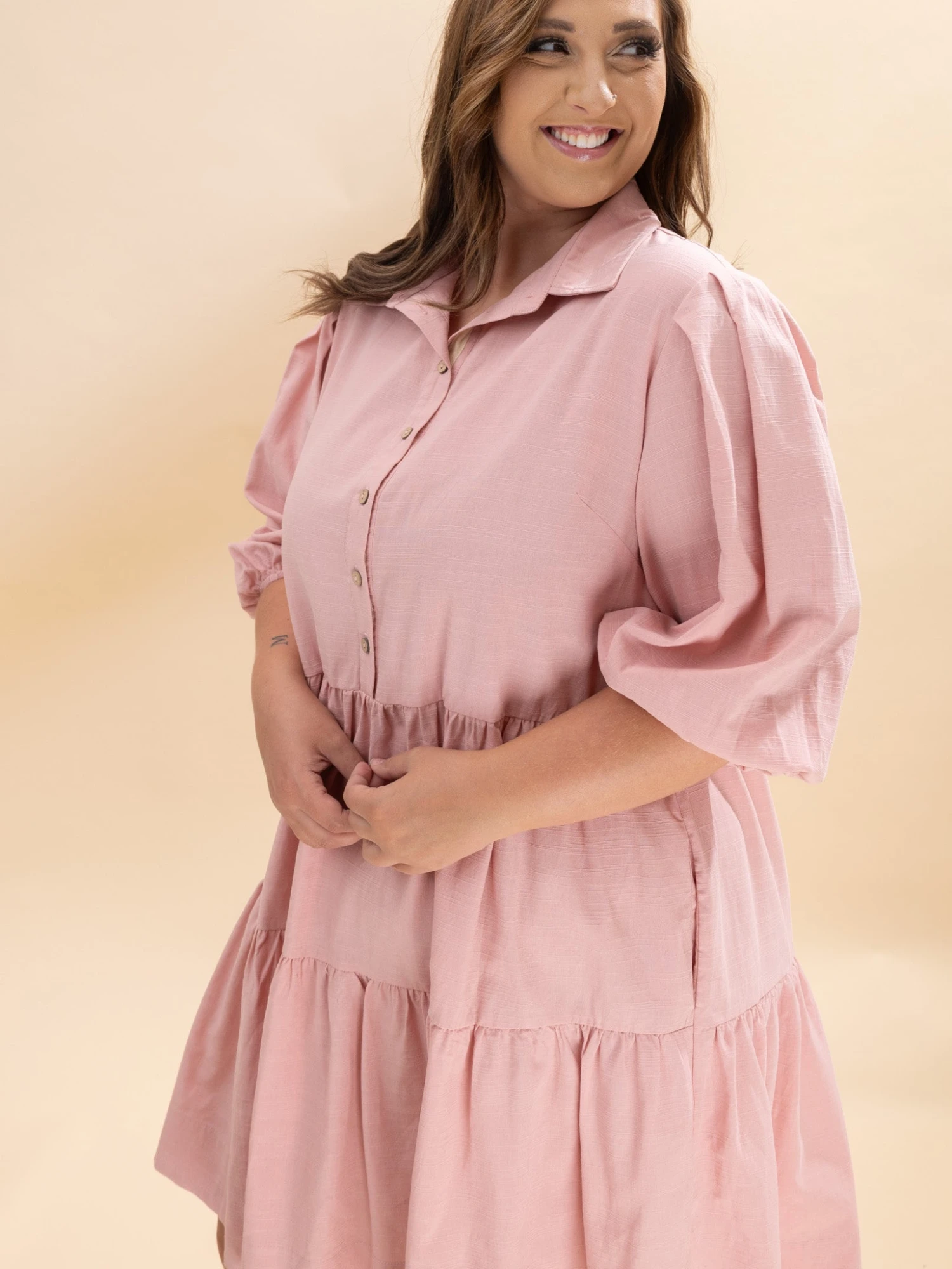 3/4 Sleeve Woven Collared Tiered Button Down Shirt Dress W/ Side Pocket | S-2XL 5 3/4 Sleeve Woven Collared Tiered Button Down Shirt Dress W/ Side Pocket | S-2XL - Image 5