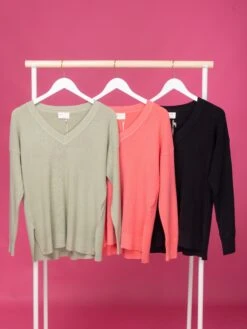 Waffle V-Neck Sweater With Side Slits | S - L