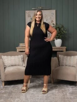 Ribbed Split Neck Fitted Long Dress | S-3X -Women Clothing Shop 052d3aec68ea3ee623fea50e147f05b5