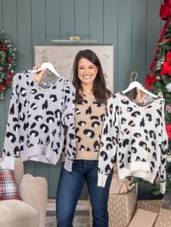 V-Neck Long Sleeve Leopard Print Hooded Sweater | S-L