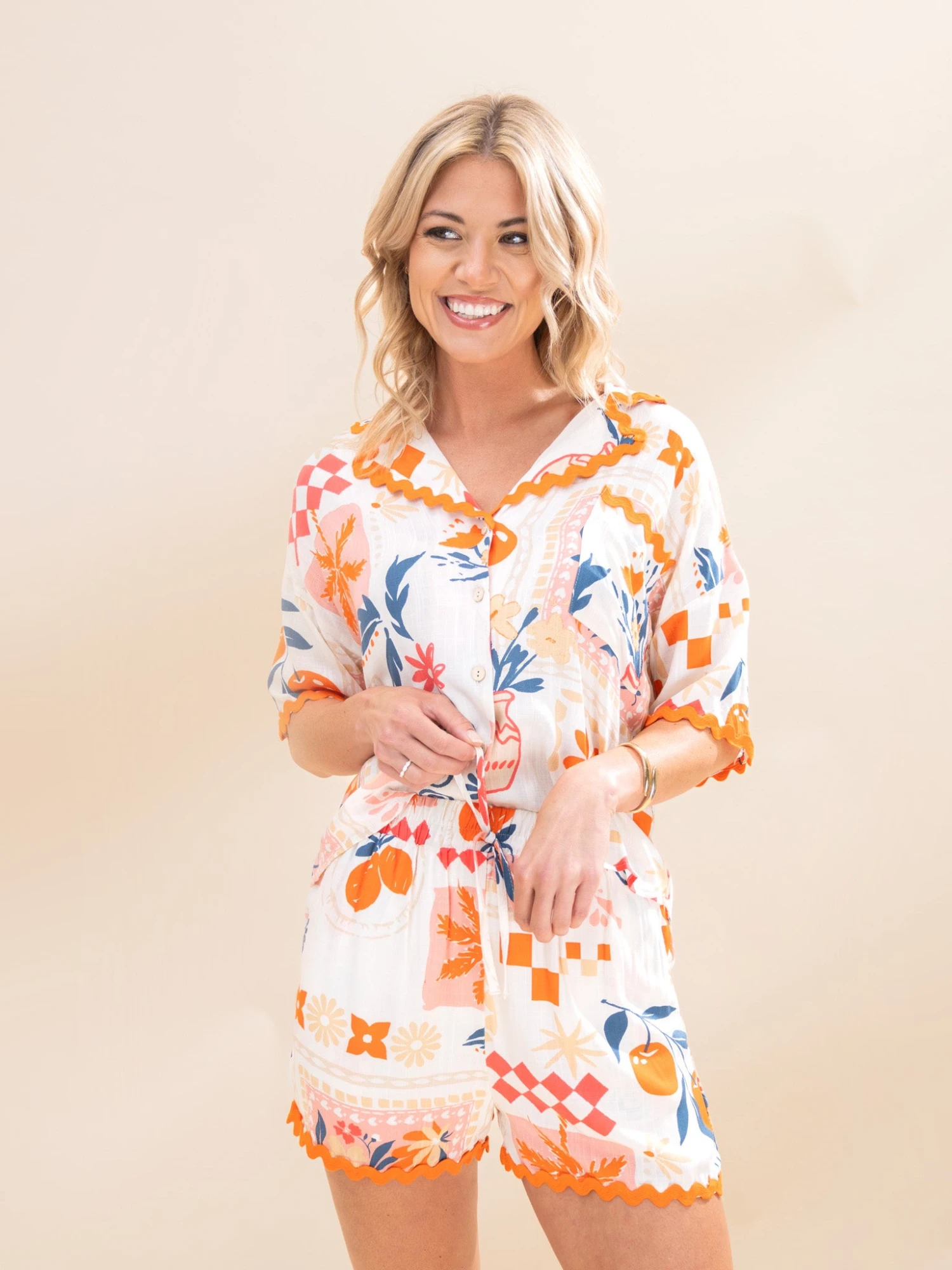 Floral And Fruit Print Wavy Trim Shorts | S-L Pair W/ Sku62100 2 Floral And Fruit Print Wavy Trim Shorts | S-L Pair W/ Sku62100 - Image 2