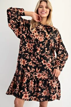 Long Sleeve Floral Print Ruffle Bottom Dress | S - L Easel