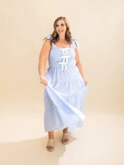 Striped Sleeveless Tiered Midi Dress W/ Front Ribbon | S-3XL -Women Clothing Shop 0c21cd3257f75f8dad067a660ab0bbc5