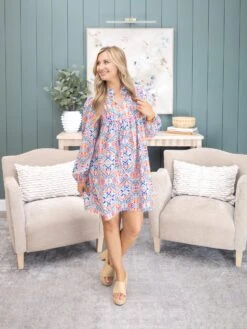 Abstract Print Long Sleeve Tied Neckline Dress | S-XL