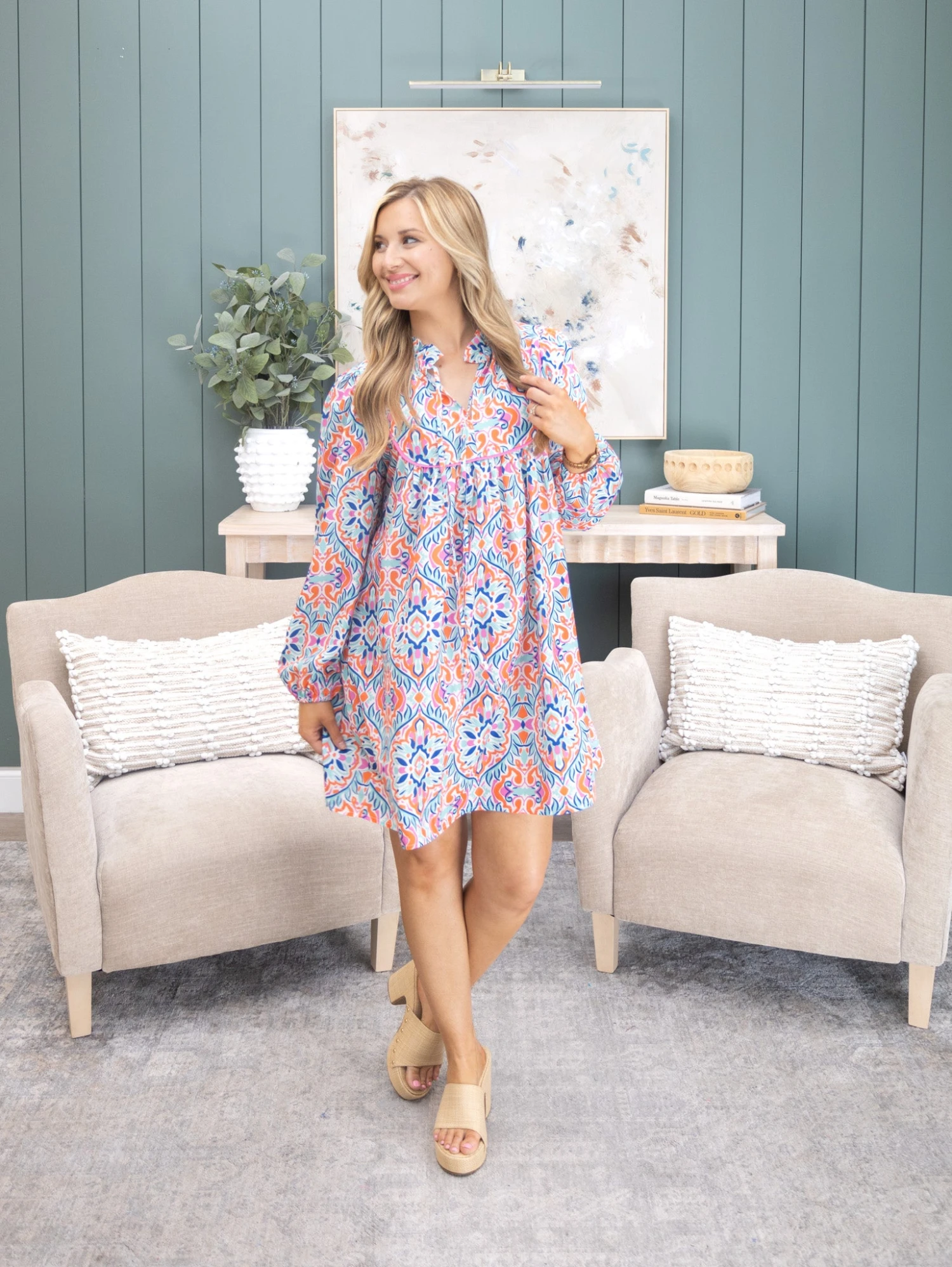 Abstract Print Long Sleeve Tied Neckline Dress | S-XL 1 Abstract Print Long Sleeve Tied Neckline Dress | S-XL