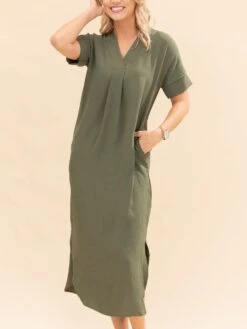 Airflow V Neck Placket W/ Front Pleat Maxi Dress W/ Pockets | S-3X -Women Clothing Shop 23e47939cca1077f9360a348d6f05998
