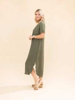Airflow V Neck Placket W/ Front Pleat Maxi Dress W/ Pockets | S-3X -Women Clothing Shop 246b076244704788da054d437df2427a