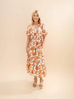 Short Sleeve Elastic Waist Flower Printed Midi Dress | S-3XL