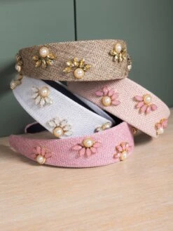 Woven Headband W/ Rhinestone And Pearl Flowers