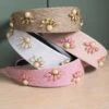 Woven Headband W/ Rhinestone And Pearl Flowers Summer Concerts & Festivals