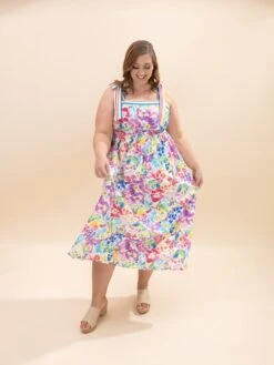 Floral Print Midi Dress W/ Border Band & Shoulder Strap | S-3XL