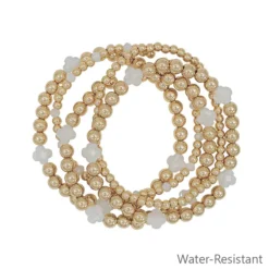 Water Resistant Set Of 5 Gold Textured Beaded & White Clover Stretch Bracelets What's Hot Jewelry