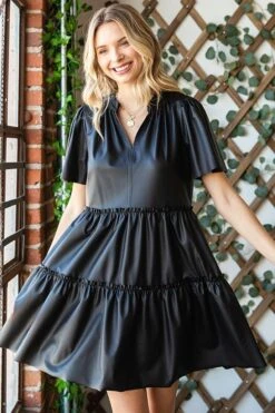 Faux Leather Short Sleeve Ruffled Tiered Dress | S - 3X
