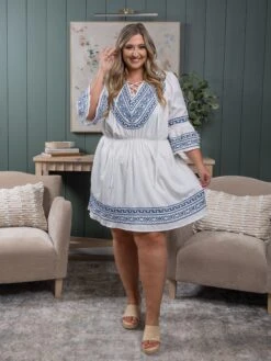 V Neck Embroidered Dress W/ Flared Sleeves | S - 3X