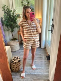 Elastic Waist Striped Textured Fabric Shorts | S - L Set W/ Sku53932 Umgee