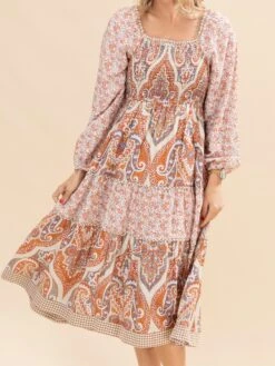 Long Sleeve Printed Midi Dress | S-L