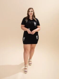 Short Sleeve Rhinestone Studded Star Fringe V Neck Knit Dress | S-L Summer Concert