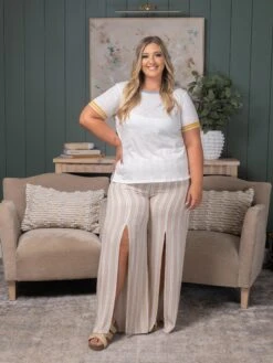 Stripe Print High Waist Pants W/ Slit | S-L -Women Clothing Shop 4165c9b9b5d88268d19c014ab371d041