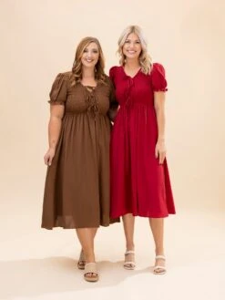 V Neck Front Tie Smocked Puff Sleeve Midi Dress | S-L