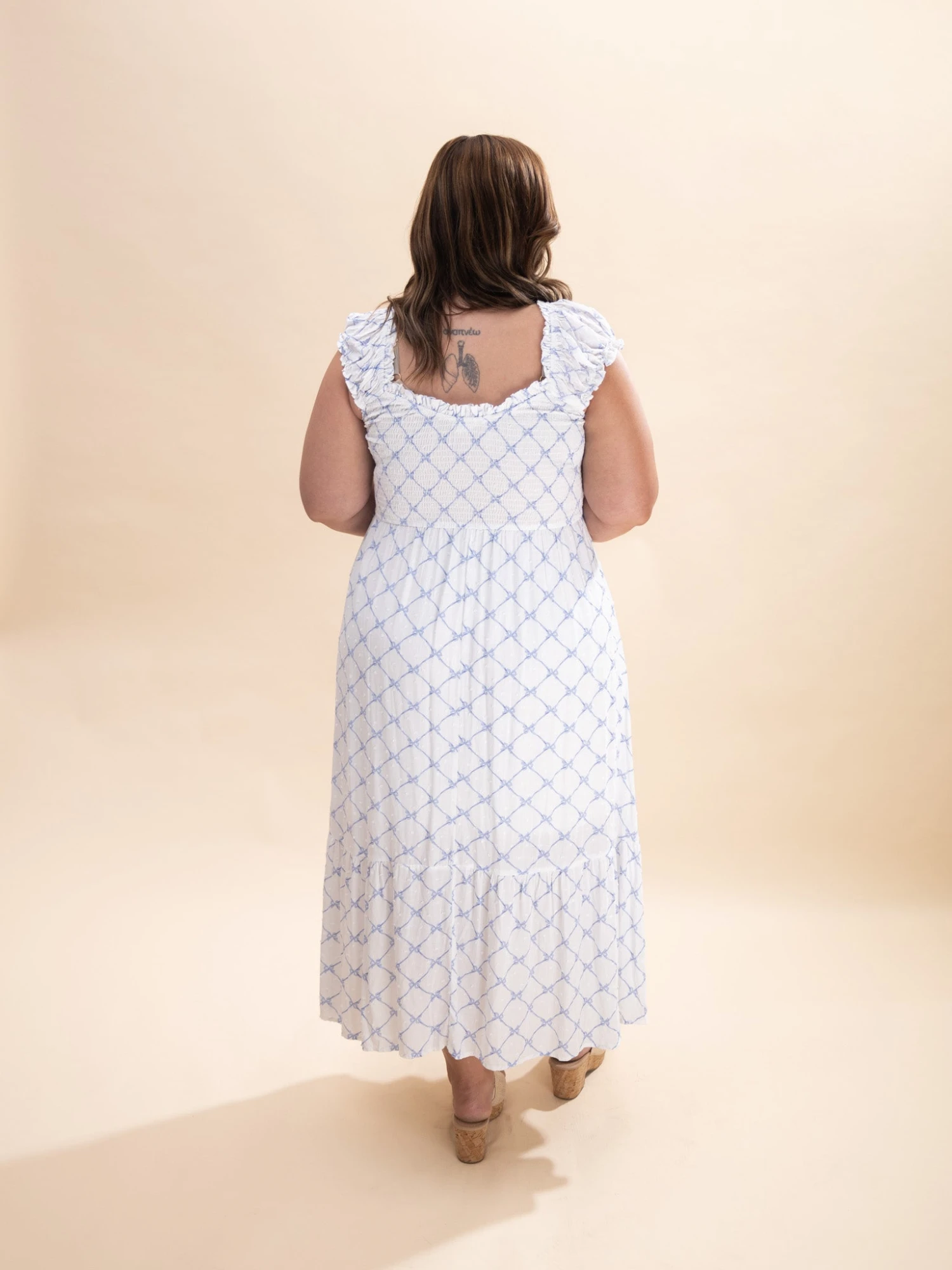 Bow Pattern Ruched Sleeve Smocked Midi Dress | S-3X 8 Bow Pattern Ruched Sleeve Smocked Midi Dress | S-3X - Image 8