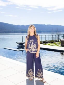 Linen Blend Embroidered Pants | S-L Pair W/ Sku59700