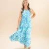 Floral Print V Neck Tie Waist Sleeveless Midi Dress | S-XL