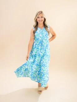 Floral Print V Neck Tie Waist Sleeveless Midi Dress | S-XL