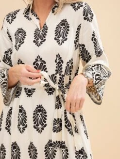 Waist Tie Damask Border Print Midi Dress | S-L