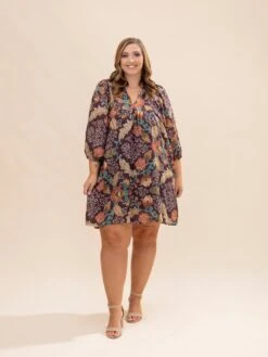 Floral Ruffle Neck 3/4 Sleeve Dress | S-L Fall Preview