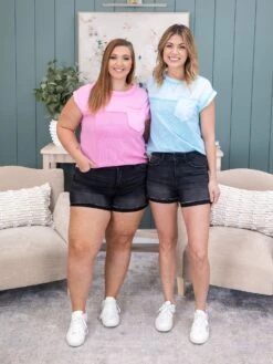 Zenana Washed Black Cuffed Raw Hem Denim Short | S-3X