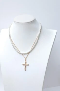 Layered Pearl Cross Pendant Necklace