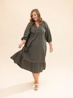 Solid Long Sleeve Collared Midi Dress | S-L -Women Clothing Shop 6ae3d01a0e703bb803a569aeb77d8804