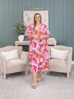 Printed Peach Blossom Button Down Midi Dress | S-3XL