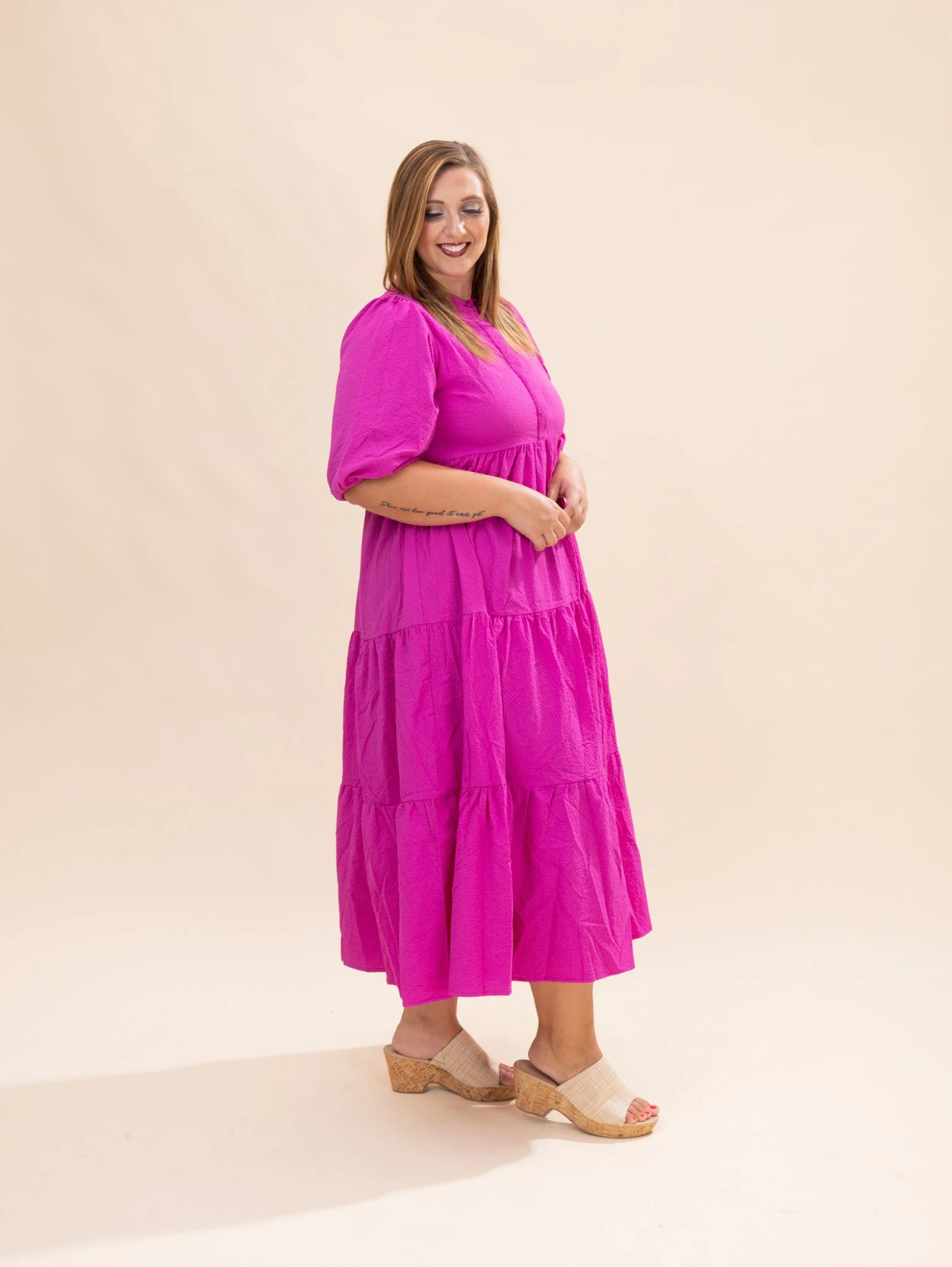 Textured Tiered Midi Dress With Puff Sleeves | S-L 18 Textured Tiered Midi Dress With Puff Sleeves | S-L - Image 18