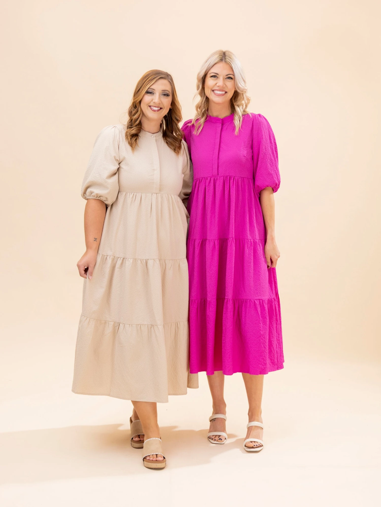 Textured Tiered Midi Dress With Puff Sleeves | S-L 2 Textured Tiered Midi Dress With Puff Sleeves | S-L - Image 2