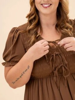 V Neck Front Tie Smocked Puff Sleeve Midi Dress | S-L -Women Clothing Shop 6de02312c775f937a40bf0b5693180fc