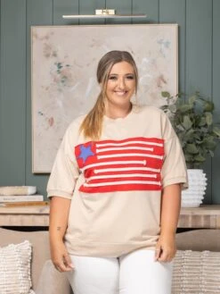 Acid Washed Drop Shoulder Flag Print Oversize Sweatshirt | S-3X