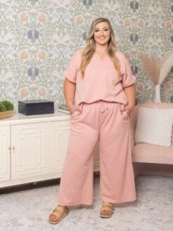 Textured Drawstring Waist Band Cropped Pants | S-3X Set W/ IT1766