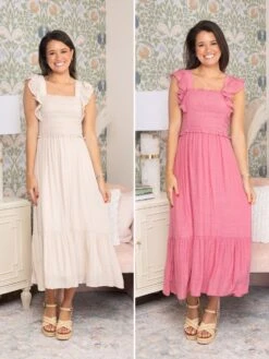 August Sky Smocked Bodice Short Sleeve Midi Dress | S-L