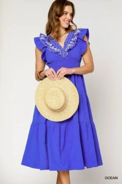 Woven Embroidered Ruffle Sleeve Midi Dress | S - 2XL Umgee