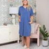 Washed V-Neck W/Collar Knit Jersey Midi Short Sleeve Dress | S-3XL