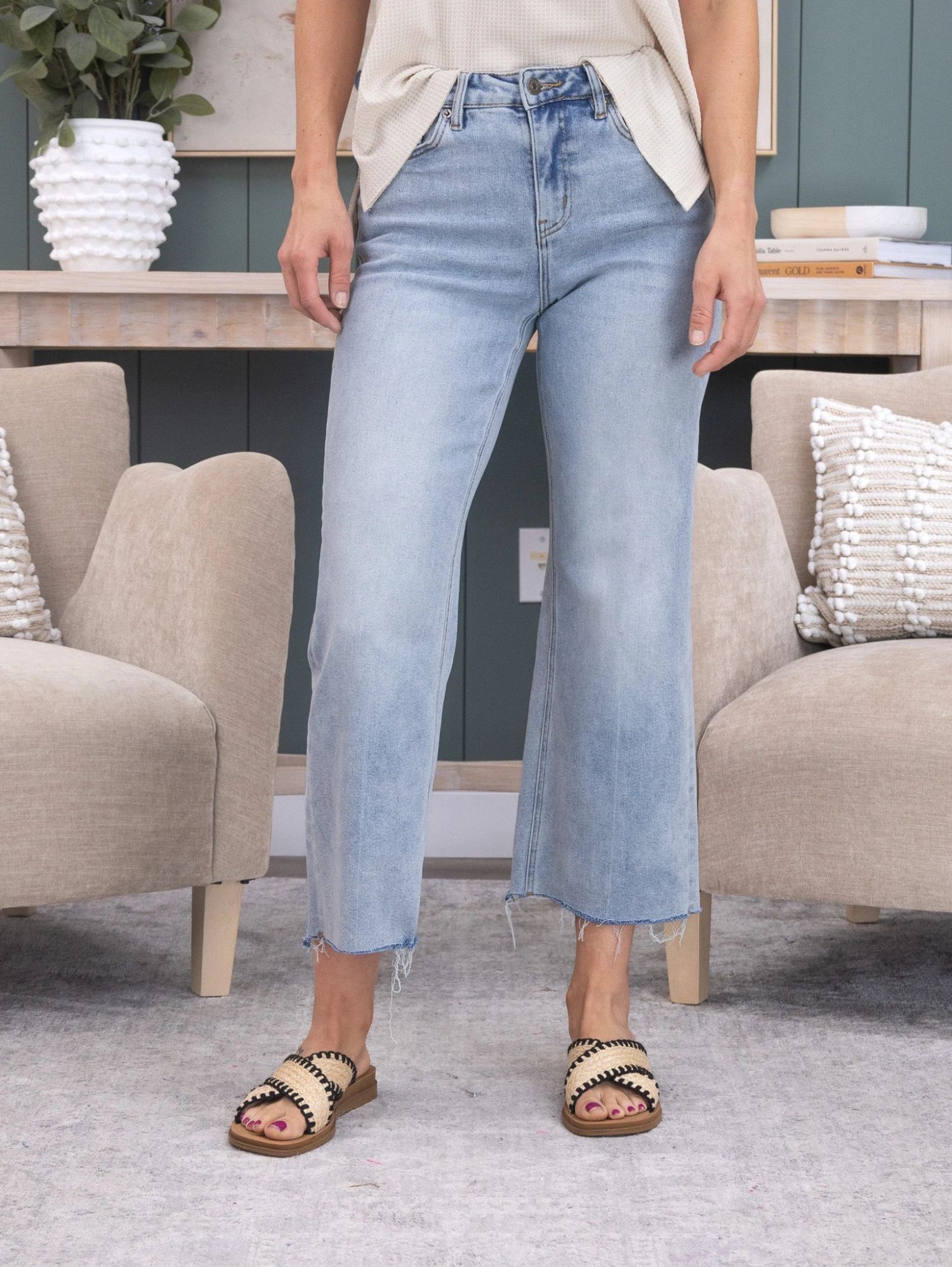 Mica Denim High Rise Wide Leg W/ Raw Hem Jean | 0-15 7 Mica Denim High Rise Wide Leg W/ Raw Hem Jean | 0-15 - Image 7