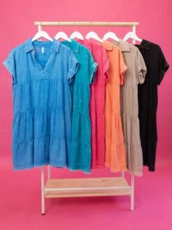 Zenana Washed Linen Raw Edge V-Neck Dress | S/M - L/XL