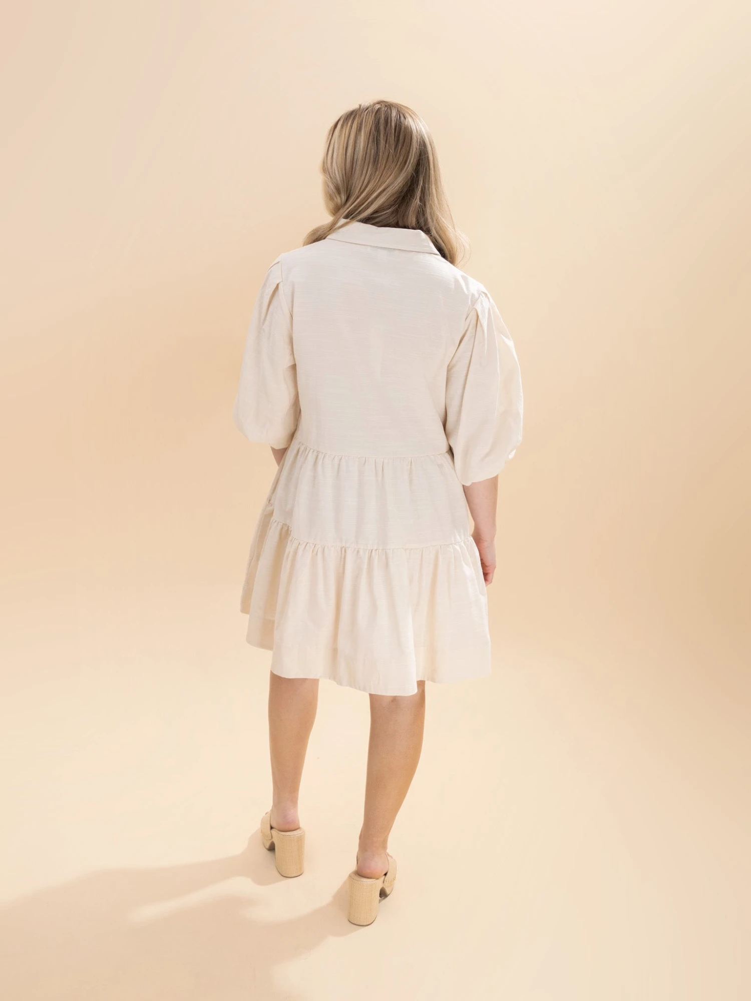 3/4 Sleeve Woven Collared Tiered Button Down Shirt Dress W/ Side Pocket | S-2XL 4 3/4 Sleeve Woven Collared Tiered Button Down Shirt Dress W/ Side Pocket | S-2XL - Image 4