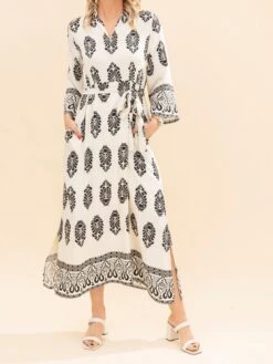 Waist Tie Damask Border Print Midi Dress | S-L -Women Clothing Shop 7e848021efee4920a3f4f6d3faa52c28