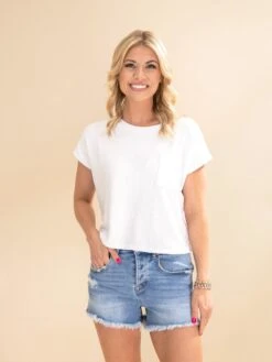 Mica Denim High Waist Hidden Button Distressed Raw Hem Shorts | S-L