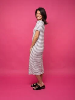 V-Neck Short Sleeve Striped Ribbed Midi Dress | S - L -Women Clothing Shop 806affb0110f4f299b36b27079effc01