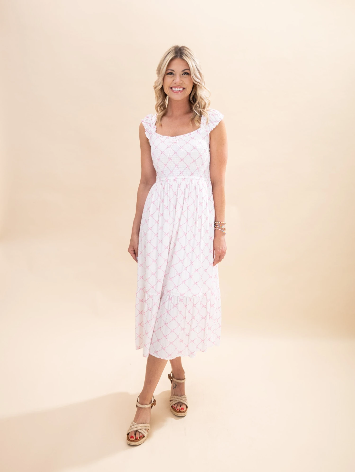 Bow Pattern Ruched Sleeve Smocked Midi Dress | S-3X 2 Bow Pattern Ruched Sleeve Smocked Midi Dress | S-3X - Image 2